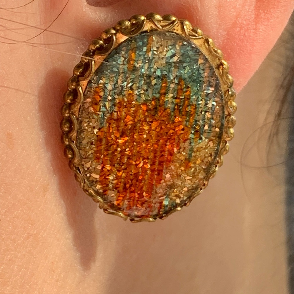 Vintage Copper Teal Glitter Abstract Screw Back Oval Earrings